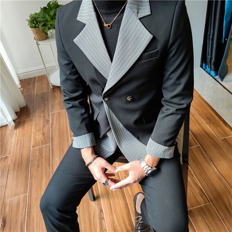 Korean Patchwork Suit 2 Piece Suit Blazer Men Suit Set Slim Fit Tuxedo Suit Blazer Suit Men Stylish Blazer Stage Party Club