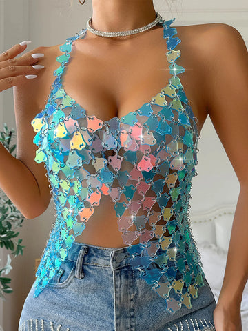 Sexy Halter Metal Sequin Corset Crop Top Women Summer See Through Tank Top Glitter Night Club Rave Outfits Y2k Beach Party Tops