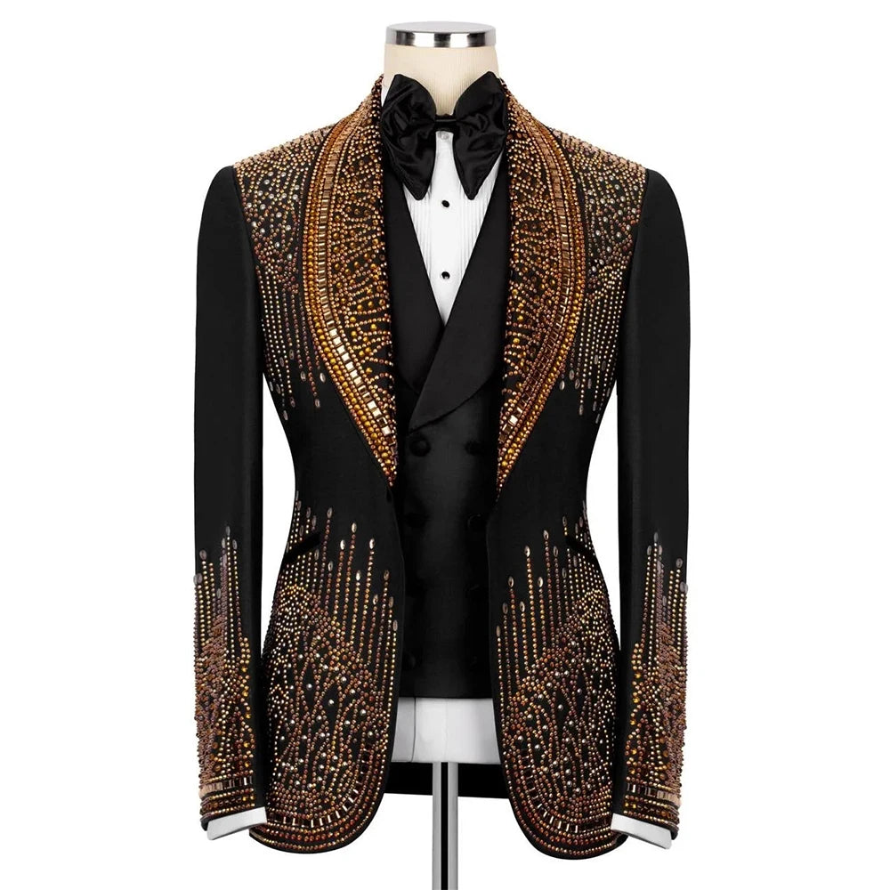 Luxury Beads Men Suits 2 Piece Peaked Lapel Single Breasted Wedding Groom Tuxedos Slim Fit Formal Prom Blazer Custom Made