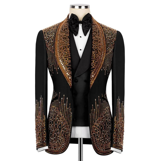 Luxury Beads Men Suits 2 Piece Peaked Lapel Single Breasted Wedding Groom Tuxedos Slim Fit Formal Prom Blazer Custom Made