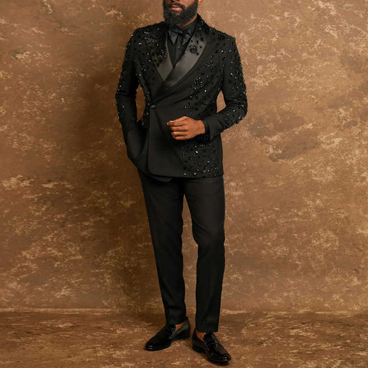 High Quality Diamond Men Suit Peaked Lapel Wedding Tuxedos 2 Pieces Sets Groom Male Blazers Slim Ropa Hombre Customized