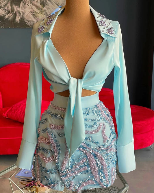 Blue Cocktail Dresses Sheath Long Sleeves Short Mini Sequins Pearls Homecoming Dresses Haute Couture Customized