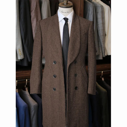Elegant Men's Overcoat Herringbone Shawl Lapel Tailor-Made Windbreaker One Piece Double Breasted Warm Customized Overgarment