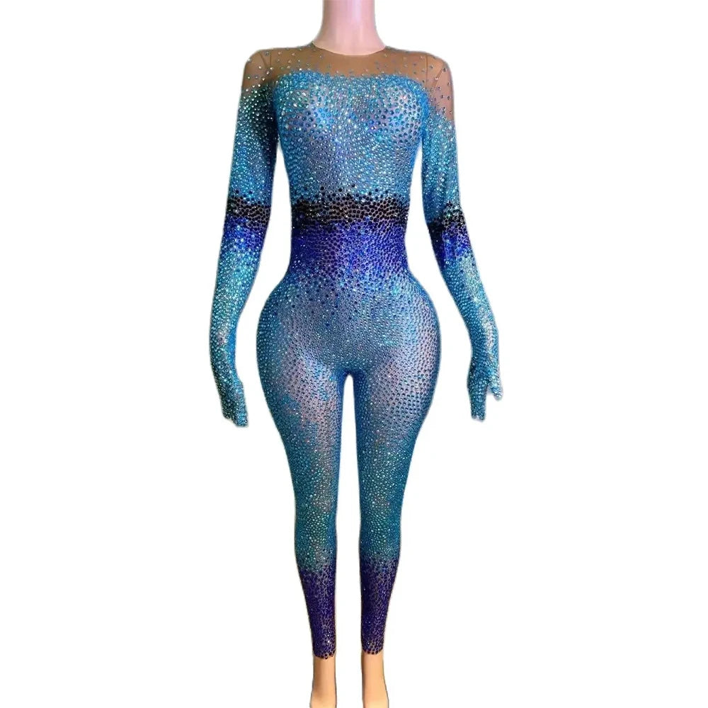 Sparkly Blue Rhinestones Jumpsuit Women Stretchy Bodysuit Nightclub Party Outfit Singer Dancer Performance Photoshoot Costume