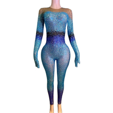 Sparkly Blue Rhinestones Jumpsuit Women Stretchy Bodysuit Nightclub Party Outfit Singer Dancer Performance Photoshoot Costume