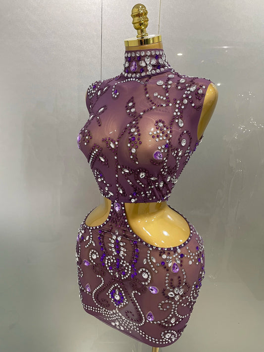 Luxury Sparkly Rhinestones Purple Sleeveless Waist Hollow Sexy Dress Women Birthday Celebrate Singer Stage Photoshoot Outfit