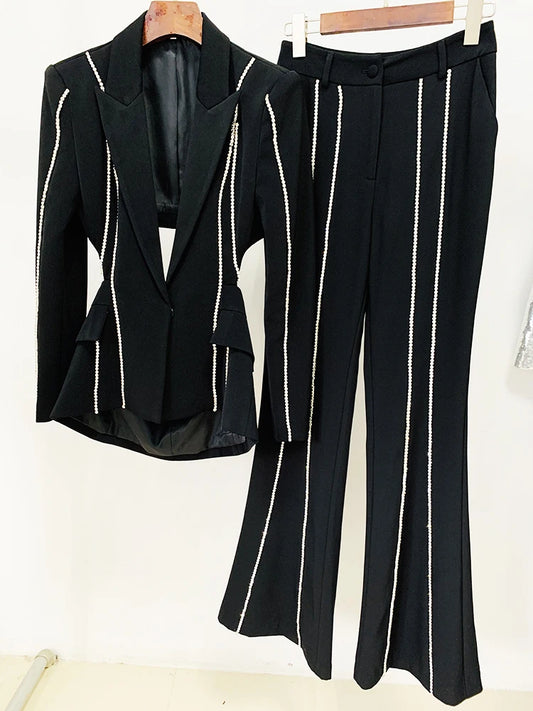 Suit Set Women's Single Button Hollow Out Diamonds Beaded Lapel Blazer Flare Pants Set