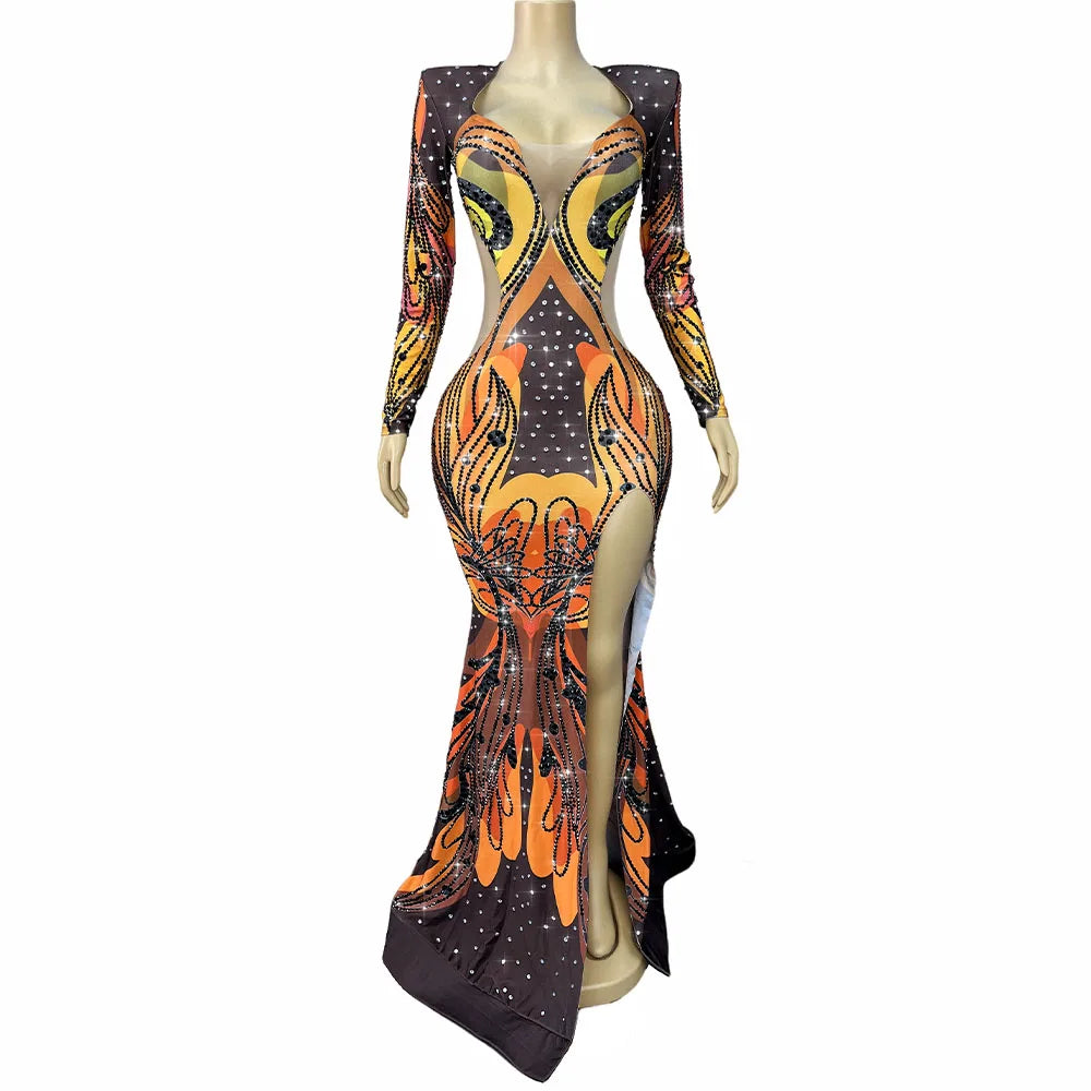 Sexy High-end Designed Shining Rhinstones Trim Fit High Split Dress Birthday Evening Red Carpet Gown Show Photoshoot Stage Wear