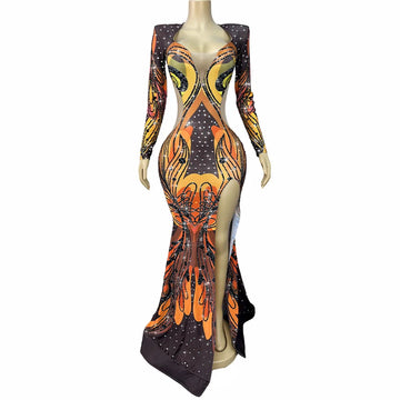 Sexy High-end Designed Shining Rhinstones Trim Fit High Split Dress Birthday Evening Red Carpet Gown Show Photoshoot Stage Wear