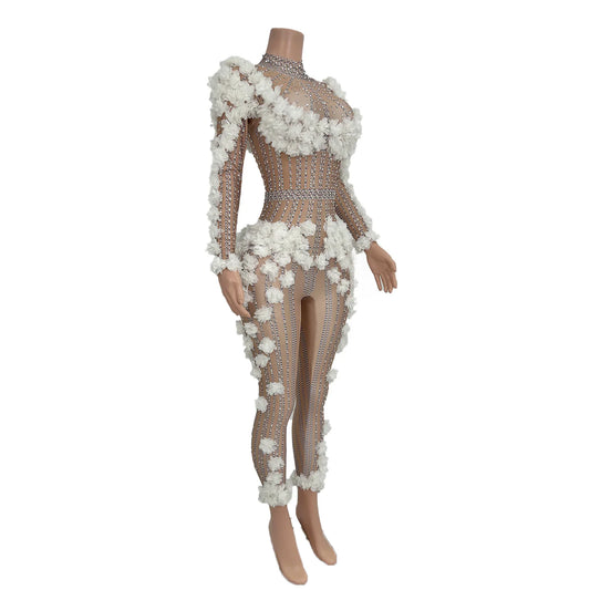 Fashion White Flowers Diamonds Jumpsuit Women Club Bodycon One Piece Playsuits Stage Costume Singer Performance Wear