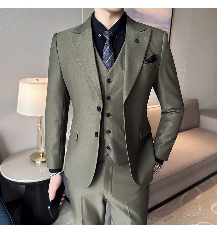(Chaqueta + chaleco + pantalones) Traje de lujo de primavera para hombre, traje formal para novio, esmoquin de boda, traje ajustado para fiesta de trabajo, 3 piezas