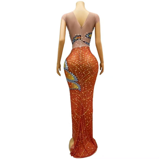 Orange Colorful Rhinestones Sleeveless Dress Sexy Transparent Stretch Outfit Nightclub Birthday Party Photoshoot Collections