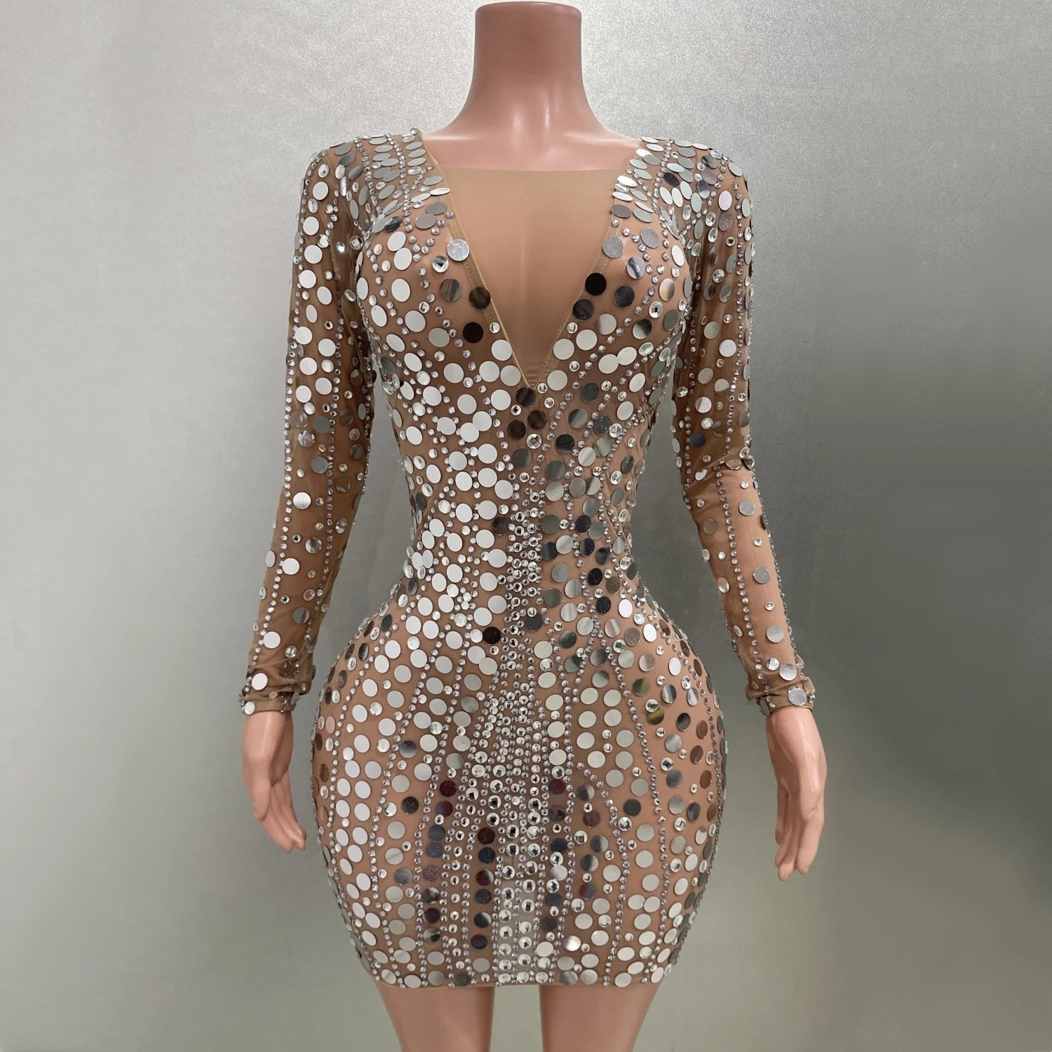 Luxury Mirror Surface Sequins Sexy See-Through Sheath Dress Evening Party Performance Costume Nightclub Singer Dancer Stage Wear