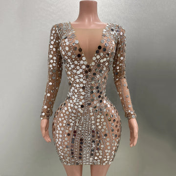 Luxury Mirror Surface Sequins Sexy See-Through Sheath Dress Evening Party Performance Costume Nightclub Singer Dancer Stage Wear