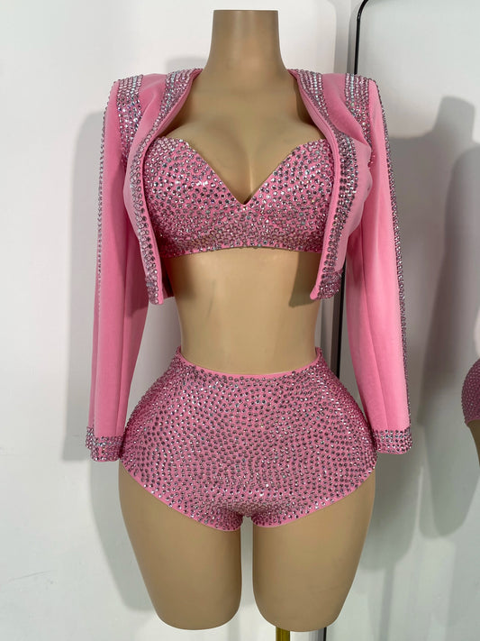 Women's Rhinestones Top Shorts Sets Nightclub Show Three Pieces Outfit Nightclub Performance Singer Dance Costume Stage Wear