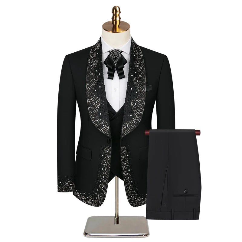 High-grade Light Luxury Mens Suits Set 3 Pieces, Wedding Host Banquet Performance Party Blazer Dress with Pants Vest