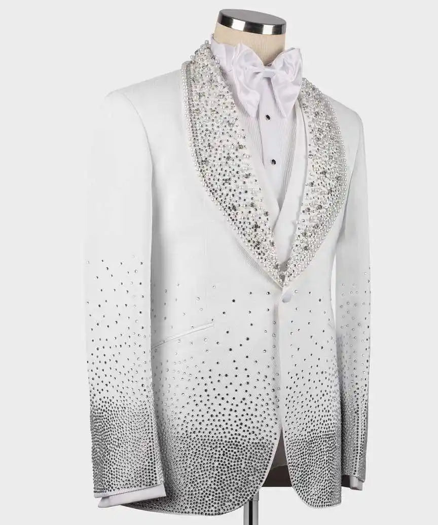 Luxurious Beaded Wedding Suits For Groom Shawl Lapel Single Breasted Tuxedos 3 Pcs Jacket Pants Vest Party Prom Customized