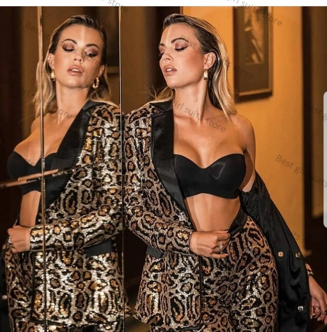 Conjunto de traje de dos piezas con estampado de leopardo para mujer, chaqueta y pantalón, blazer de lentejuelas de lujo para invitadas, abrigo formal a medida para boda y oficina.