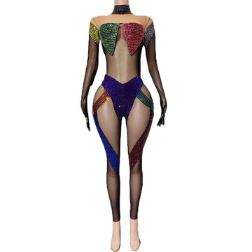 Sparkly Rhinestones Jumpsuit for Women Sexy Mesh Transparent Nightclub Outfit Birthday Party Stage Wear Show Performance Costume