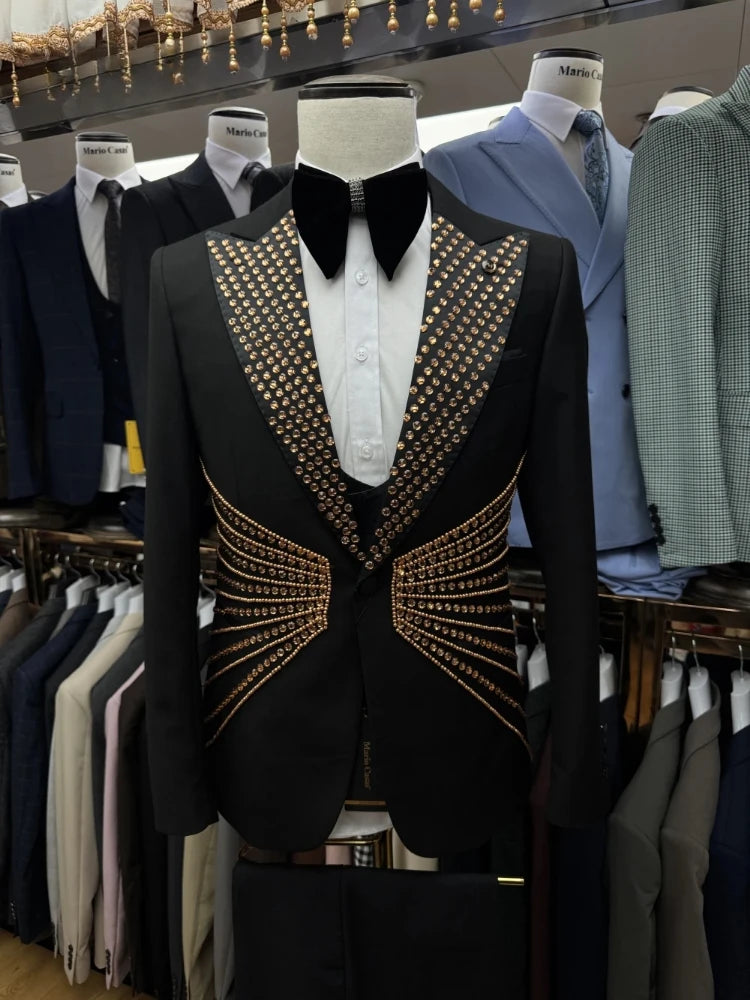 Celebrity Golden Rhinestones Men's Suit Customized Single Breasted Handsome Formal Banquet Jacket Vest Pants Groom Wear