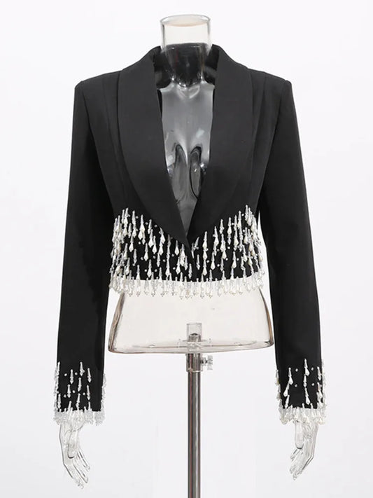New Elegant Cropped Blazer with Sparkling Crystal Embellishments Stylish Womens Jacket Chic