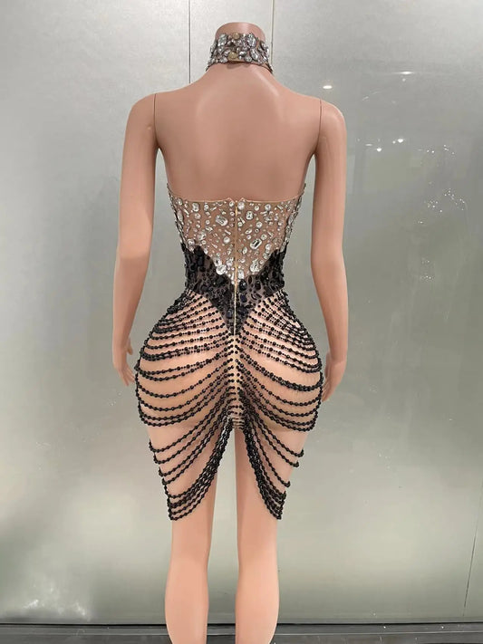 Sparkling Crystals Women Evening Prom Party Dress Sexy See Through Elastic Mesh Photoshoot Wear Sing Dance Dresses Costume