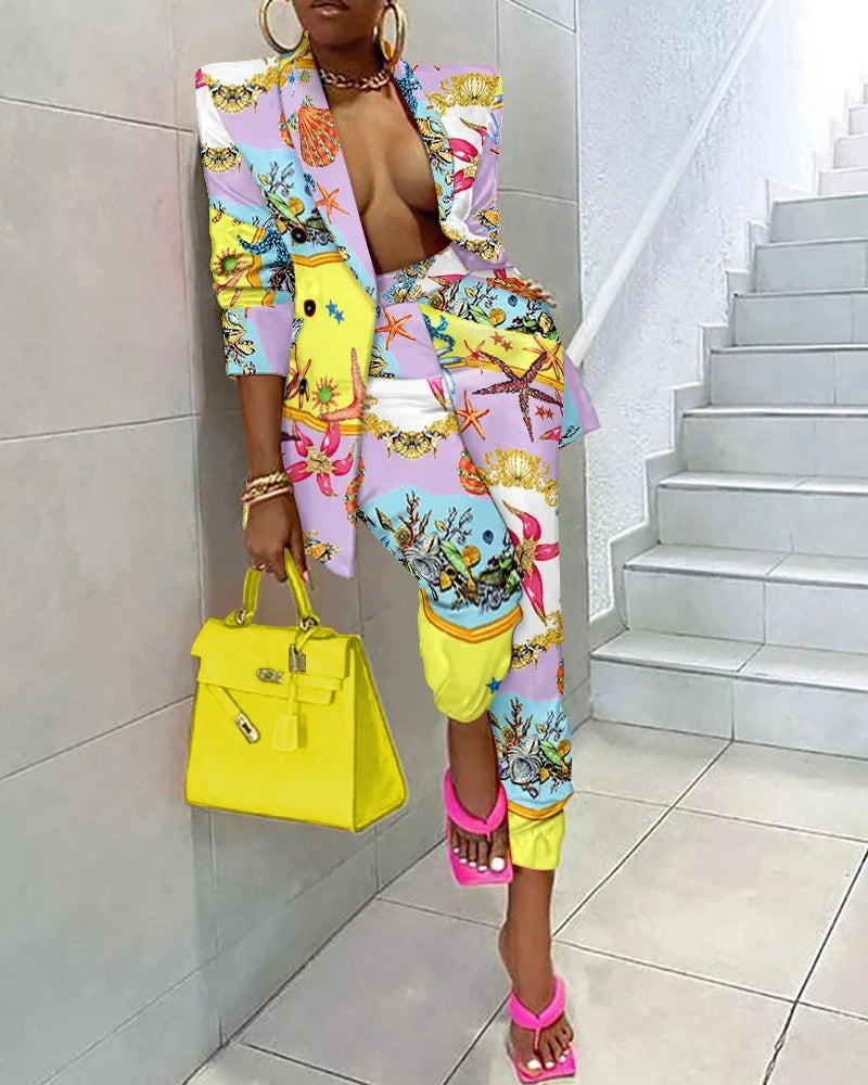Conjunto de dos piezas estampado para mujer, blazer con muescas de manga larga y pantalón largo, elegante conjunto de blazer OL de 2 piezas