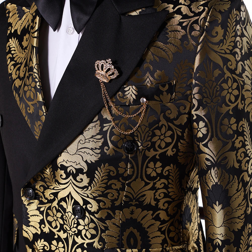 Double Breasted Black Gold Floral Jacquard Slim Fit Mens Suits Wedding Groom Tuxedos Party Jacket Pant Terno Masculino