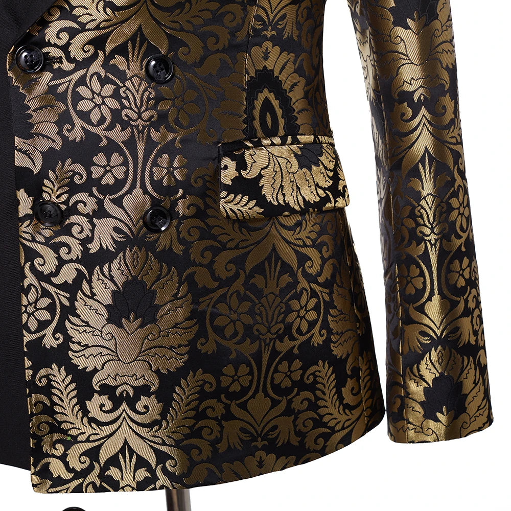 Double Breasted Black Gold Floral Jacquard Slim Fit Mens Suits Wedding Groom Tuxedos Party Jacket Pant Terno Masculino