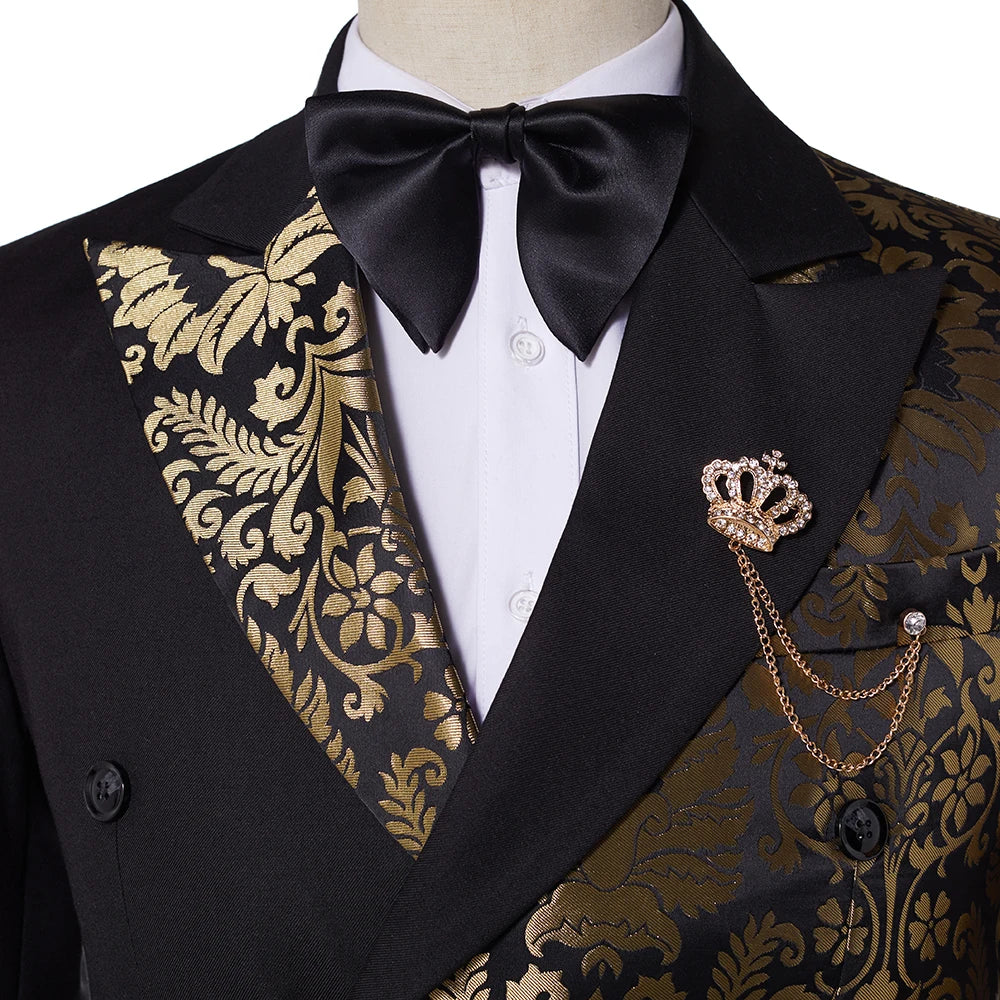 Double Breasted Black Gold Floral Jacquard Slim Fit Mens Suits Wedding Groom Tuxedos Party Jacket Pant Terno Masculino