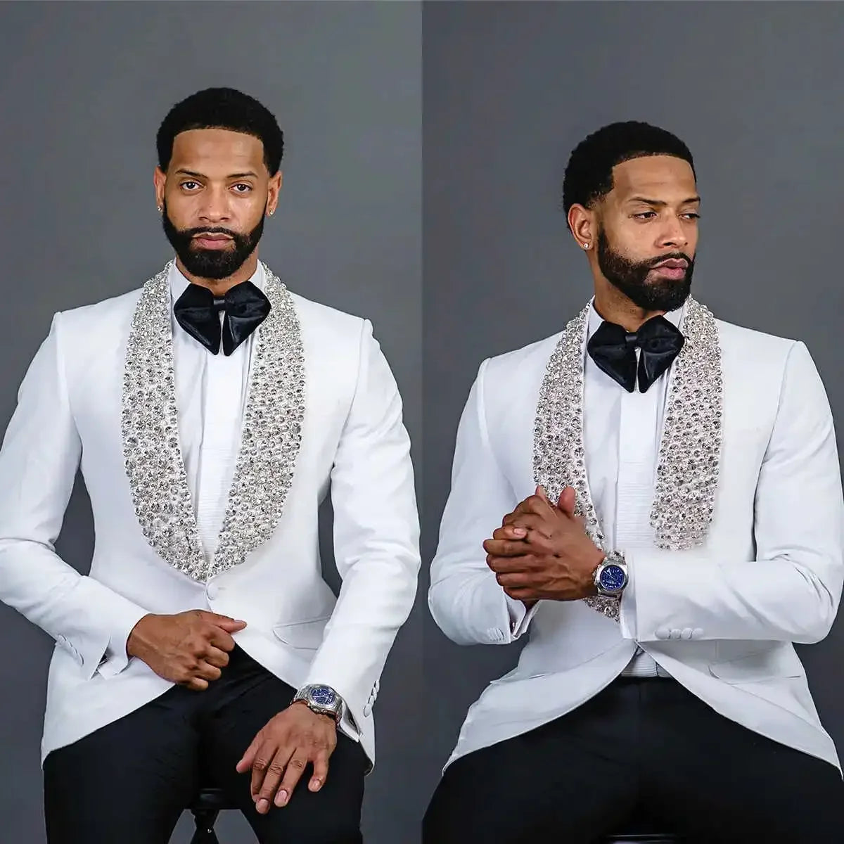 Costume de luxe blanc pour homme, coupe slim, avec perles en cristal, smoking de mariage, revers châle, blazer, ensemble 2 pièces, veste et pantalon