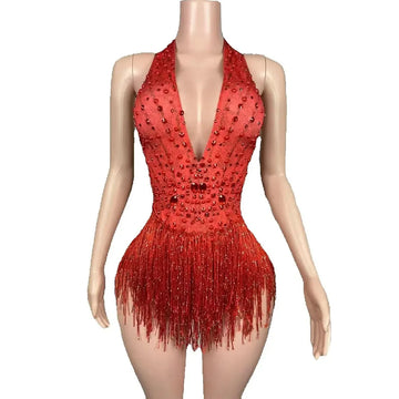 Sparkly Rhinestones Fringes Bodysuit Women Sexy Deep V Neck Performance Dance Costume Nightclub Singer Dancer Photoshoot Wear