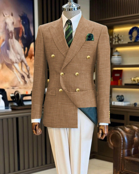 Men's Suit Navy Blue Houndstooth Peak Lapel Double Breasted Business Regular Fit Blazer Man Suit Jacket