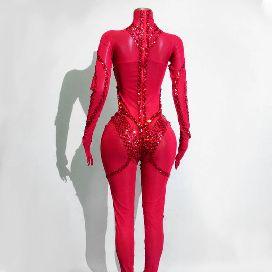 New Red Sexy Sparkle Full Crystal Mesh Jumpsuit Woman Luxury Sequin Dj Club Party Birthday Leotard Drag Queen Dance Outfits