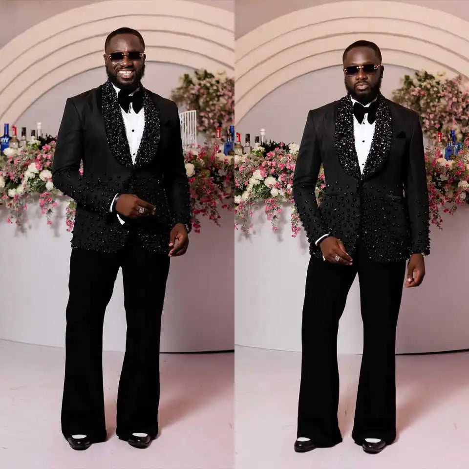 Elegant Rhinestone Men Suits for Wedding Shawl Lapel Single Breasted  Tuxedos Groom Party 2 Pcs Blazer Pants Customized Suit