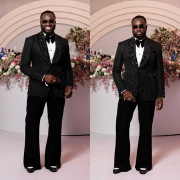 Elegant Rhinestone Men Suits for Wedding Shawl Lapel Single Breasted  Tuxedos Groom Party 2 Pcs Blazer Pants Customized Suit