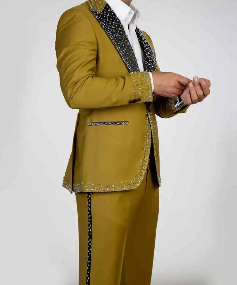 Bling Wedding Tuxedos Beading Beaded One Button Men Suit Peaked Lapel 2 Piece Set Jacket Pants Groom Blazers Customized