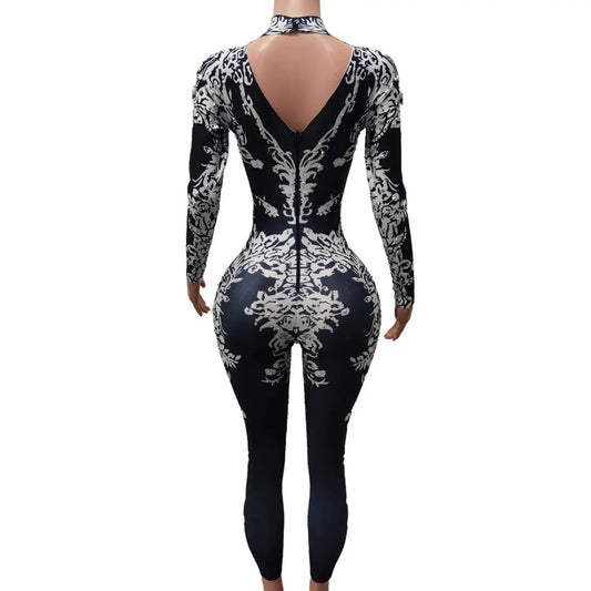 Fashion Jumpsuit Long Sleeves Print Rhinestones Leotard Dance Costume Playsuit Women Sexy Birthday Party Club One Piece Bodysuit