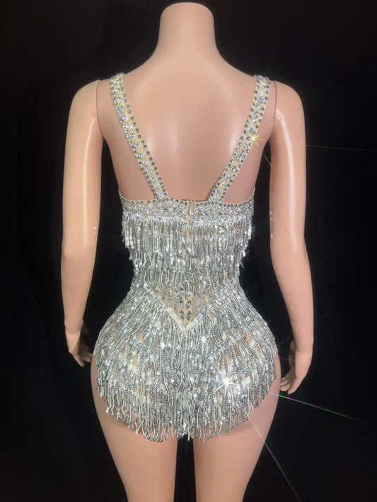 Sparkly Rhinestones Sequins Tassel Bodysuit Women Sexy See Through Performance Dance Costume Singer Dancer Stage Photoshoot Wear