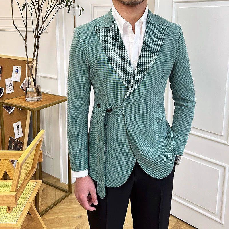 Unique Men Suits Peaked Lapel Houndstooth Tailor-Made 2 Pieces Set Jacket Blazer Groom Customized Coat Vest Black Pants