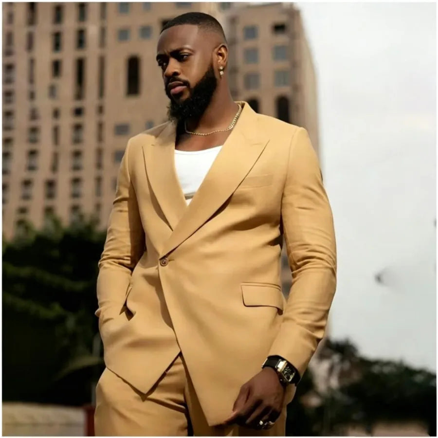 Khaki Men Suits 2 Pieces Jacket Pants Unique One Button Peaked Lapel Wedding Groom Prom Formal Casual Custom Male Clothing