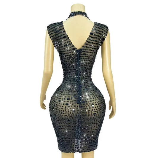 Sexy Shiny Full Black Rhinestones Transparent Mesh Dress Women Birthday Evening Cocktail Party Elegant Outfit Nighclub Costume