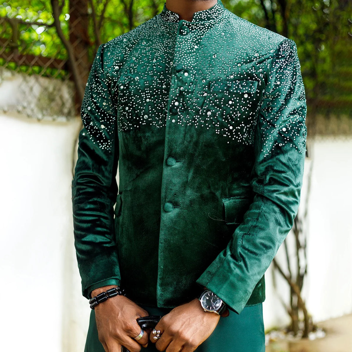 Muslim Men's Suit Beaded Tailor-Made 2 Pieces Set Jacket Rhinestone Middle East Velvet Single Breasted Customized Coat Pants