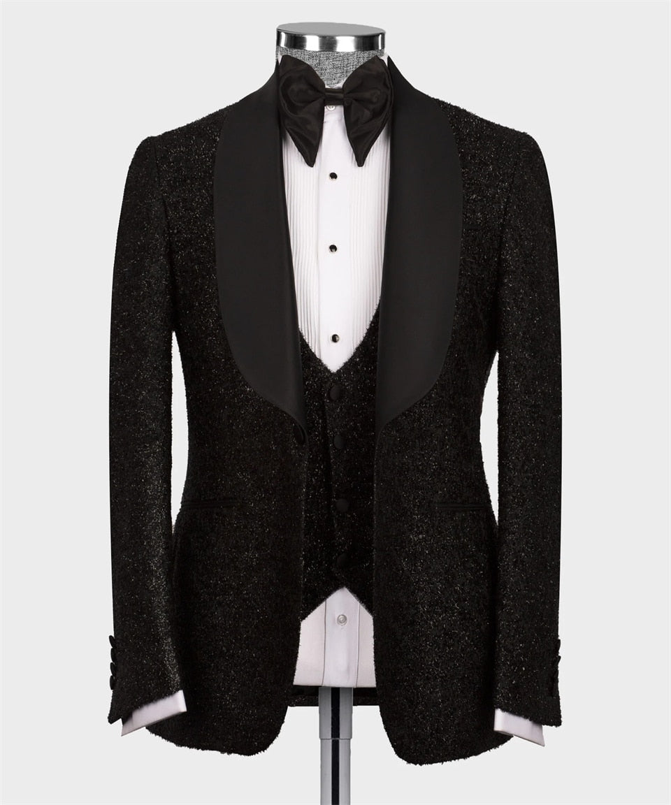 Esmoquin de boda de lujo con purpurina, traje formal negro para novio, 3 piezas, blazer, chaleco, pantalones, traje de fiesta de graduación para boda para hombre 