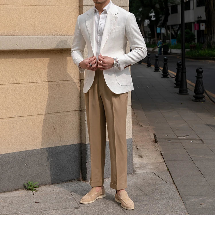 100% Linen Italian Stylish Blazer Men Casual Breathable Half Lining Vintage Suit Jacket Pink White