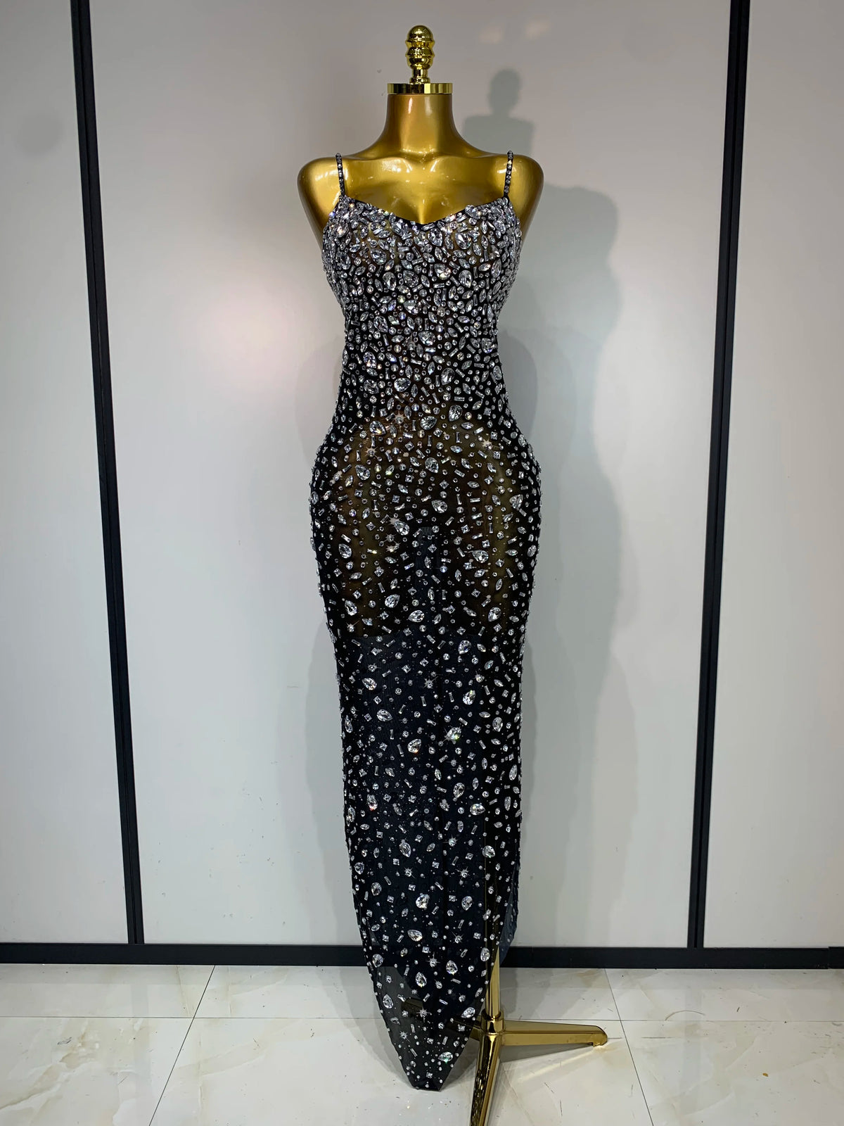 Luxury Rhinestones Sexy Mesh See Through Bodycon Dress Women Birthday Evening Cocktail Party Gown Red Carpet Club Stage Outfit
