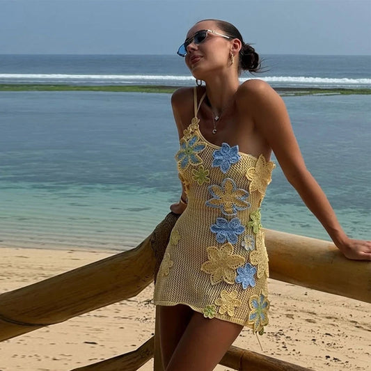 Summer Mini Dress Hollow Out Sling Sexy Dress Women Flower Slim Fit Off Shoulder Chic Female Knitted Crochet Beach Short Dress