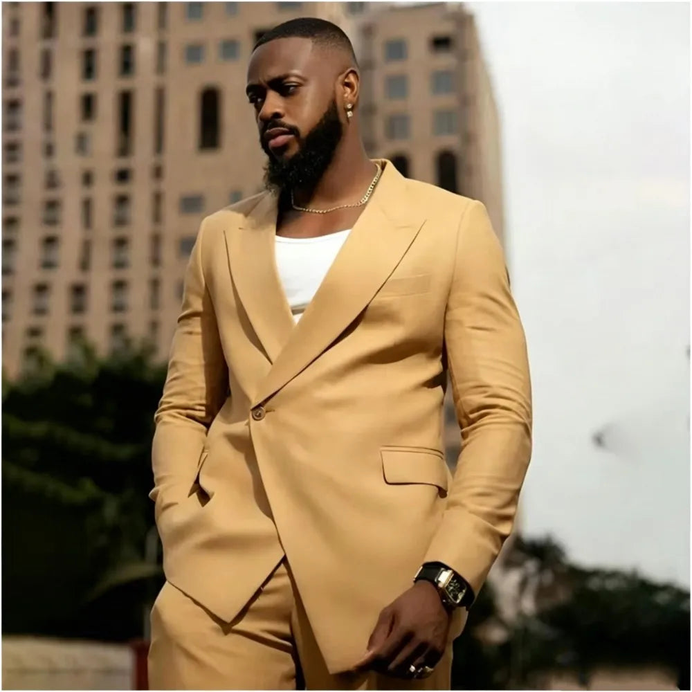 Khaki Men Suits 2 Pieces Jacket Pants Unique One Button Peaked Lapel Wedding Groom Prom Formal Casual Custom Male Clothing