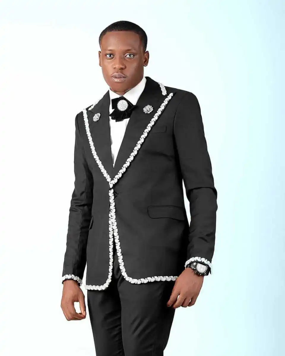 Casual Wedding Tuxedos Crystal Jacket Pants Men Suit Classic Fit 2 Pcs Peaked Lapel Evening Party Male Outfits Customized