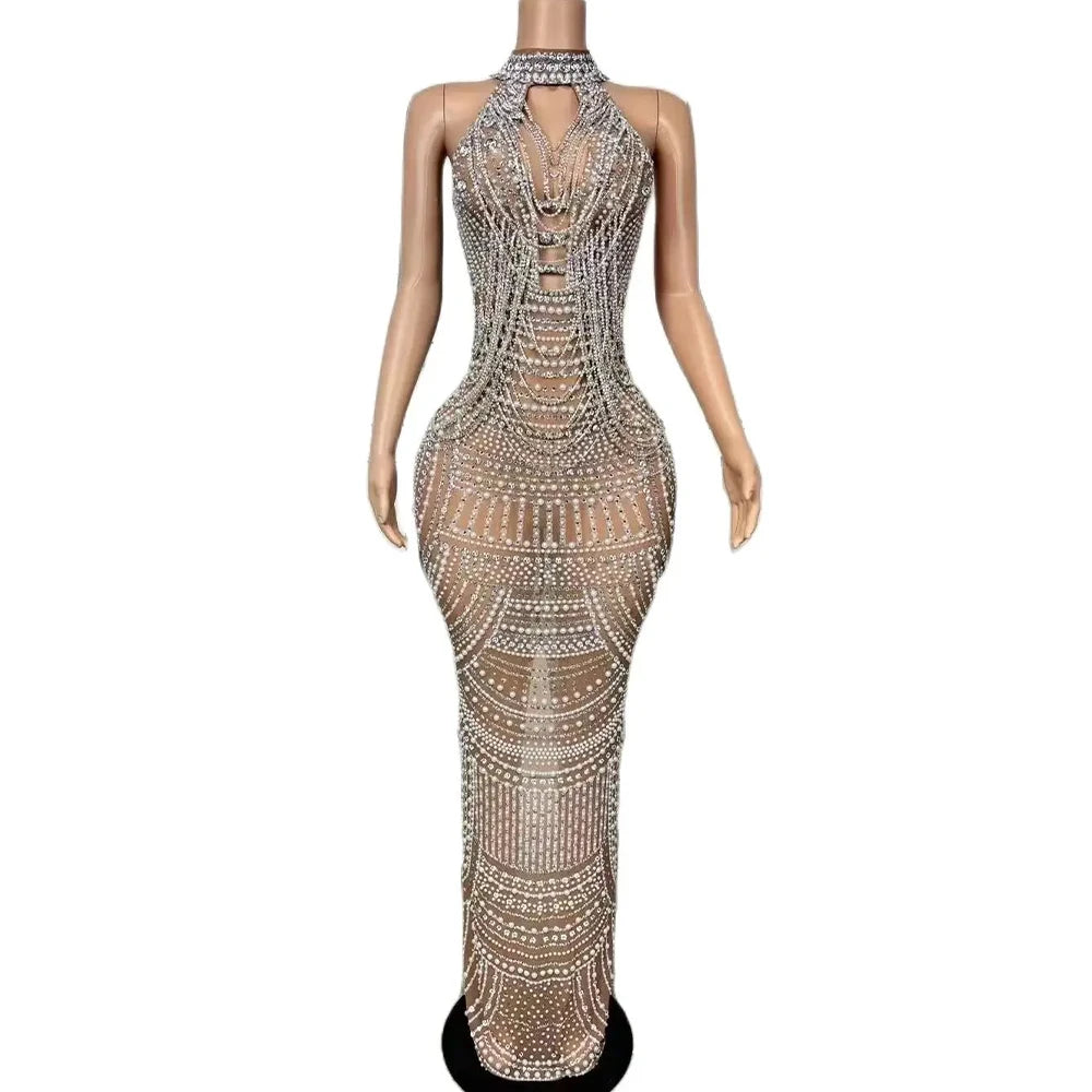 Luxury Pearl Chain Rhinestones Long Dress Women Sexy Mesh Dress Singer Stage Wear Wedding Birthday Drag Queen Photoshoot Dress
